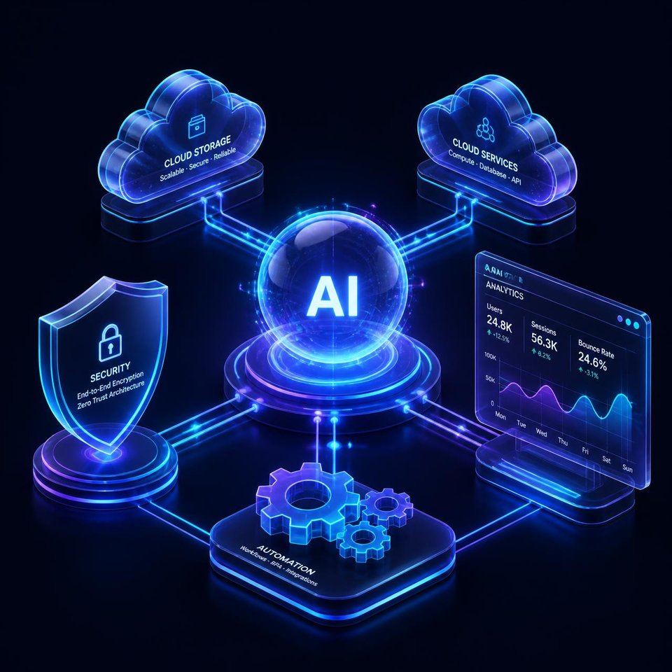 AI core connected to cloud, security shield, analytics and automation modules